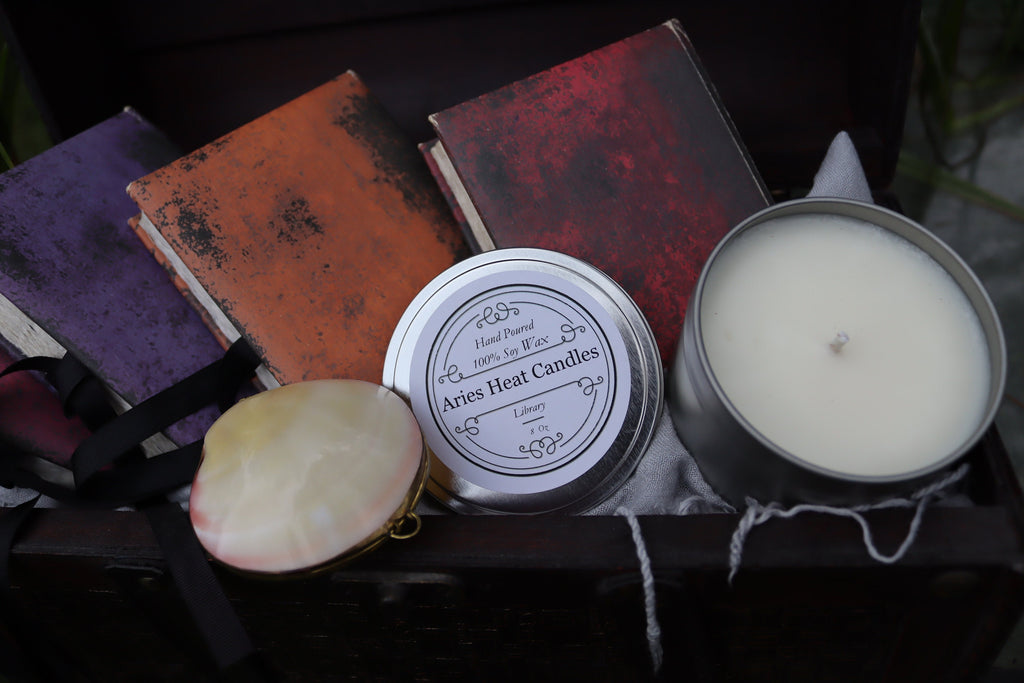Library  scented 8oz Candle in Silver or Gold Travel Tin