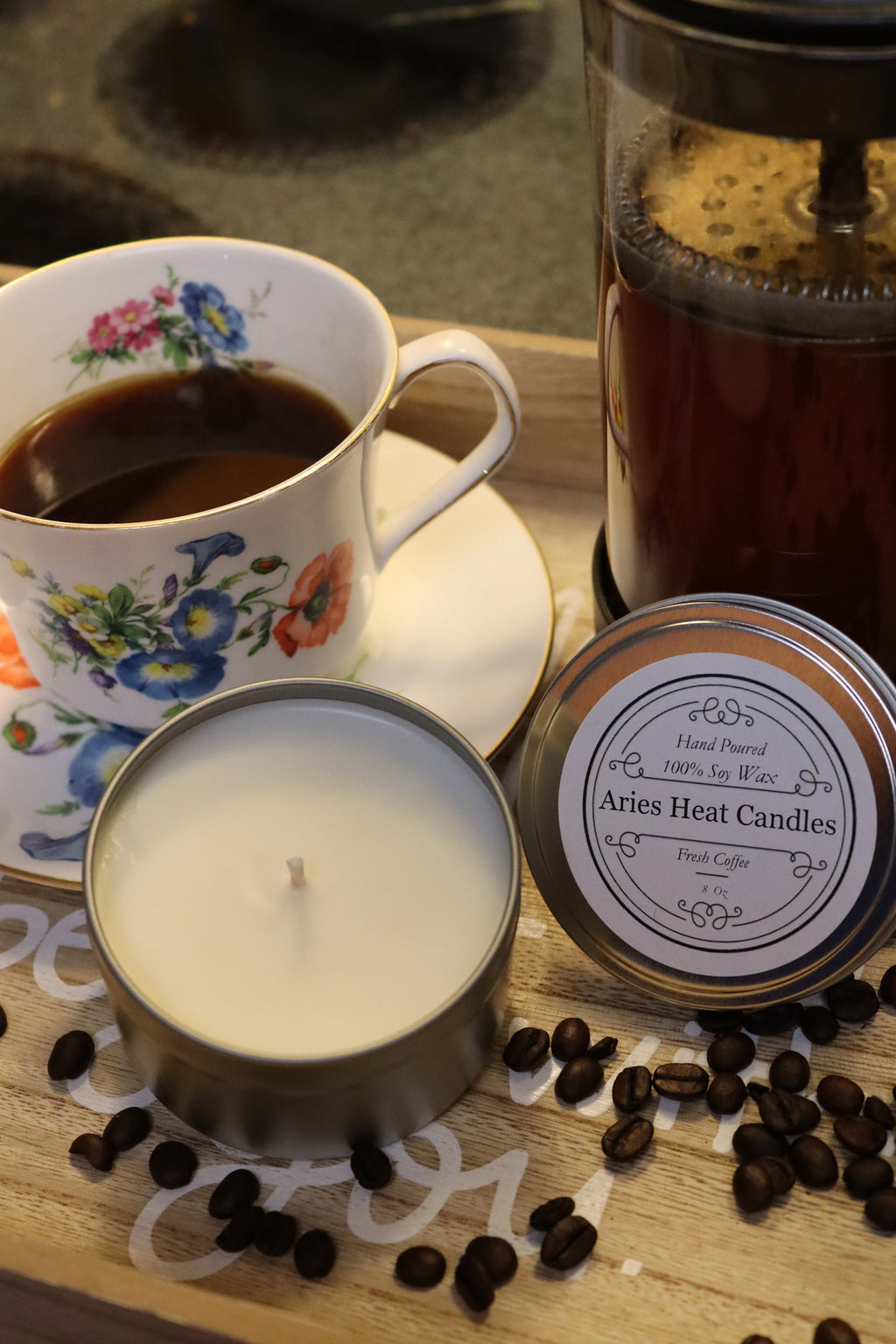 Fresh Coffee scented 8oz Candle in Silver or Gold Travel Tin