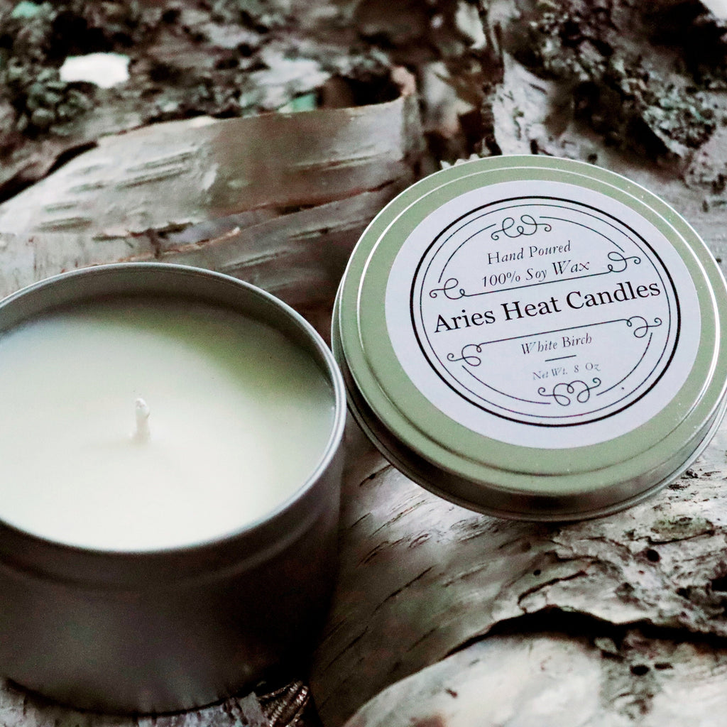 White Birch scented 8oz Candle in Silver or Gold Travel Tin