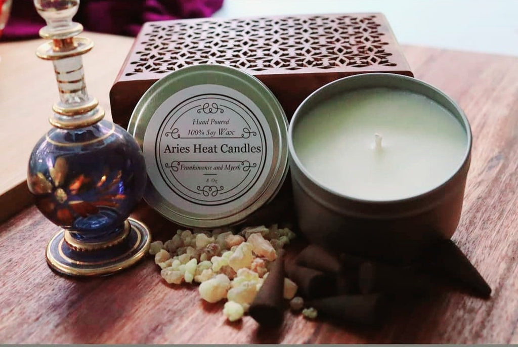 Frankincense and Myrrh scented 8oz Candle in Silver or Gold Travel Tin