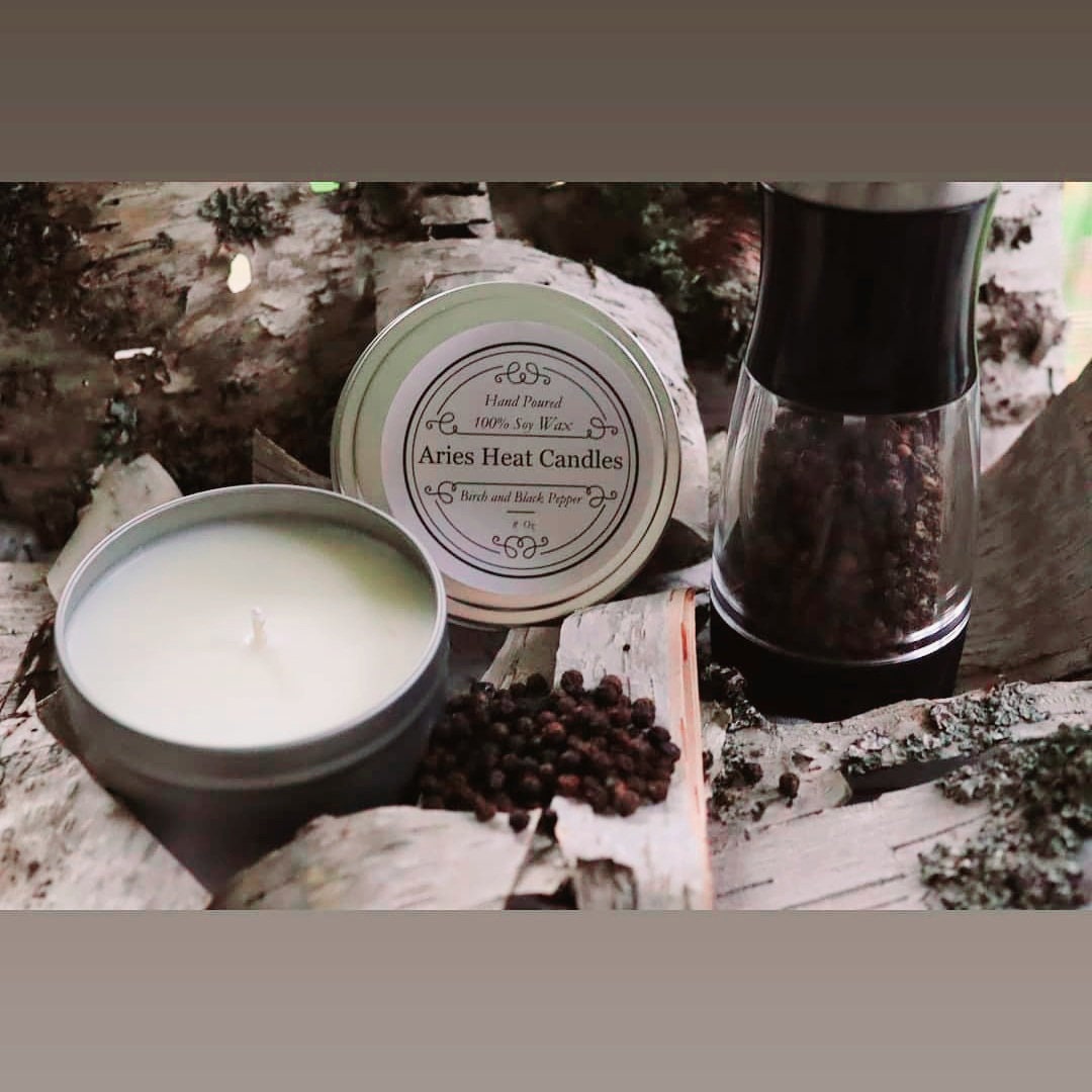 Birch and Black Pepper Soy Wax Scented 8oz Candle in Silver or Gold Travel Tin