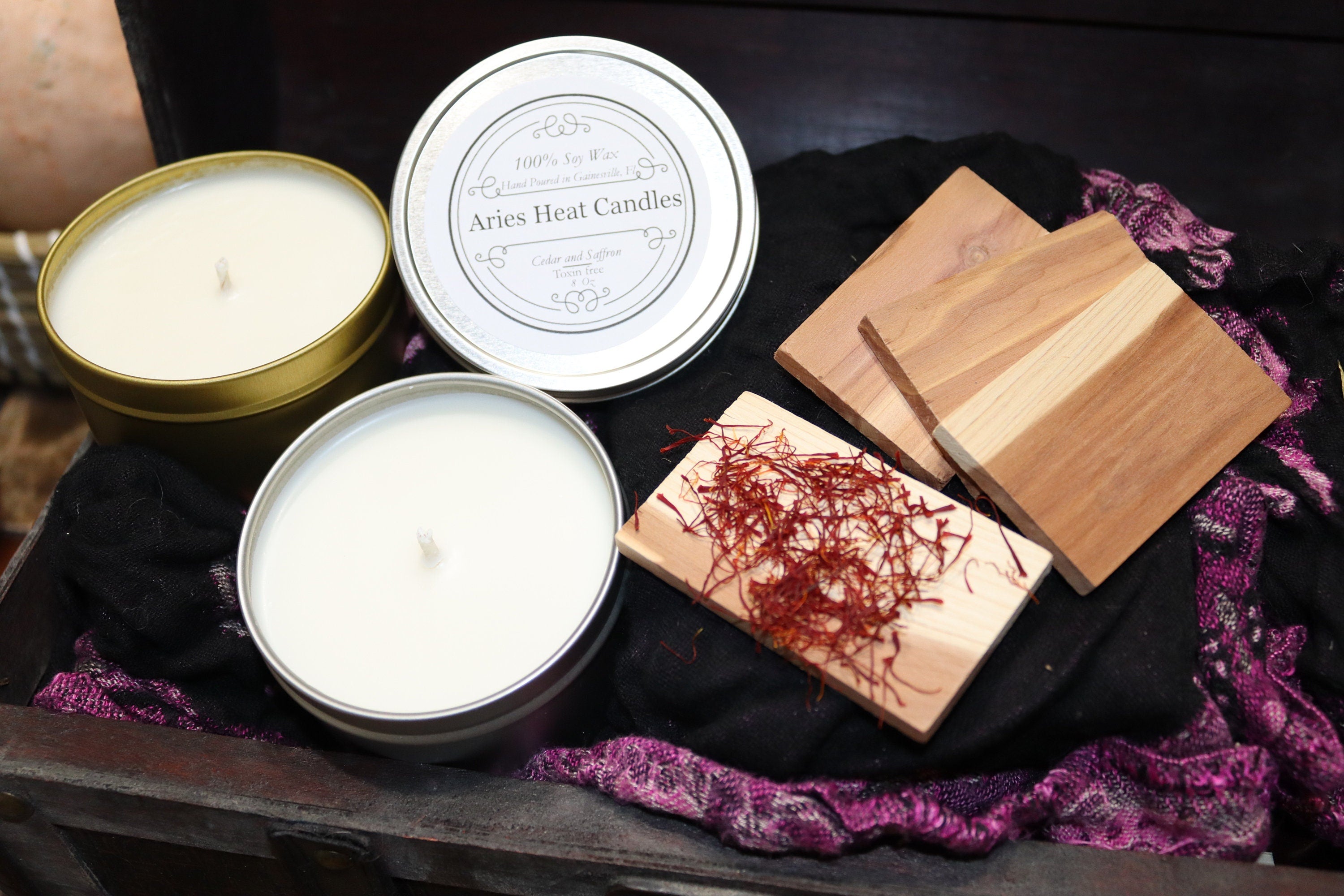 Cedar and Saffron Soy Wax Scented 8oz Candle Silver or Gold Travel Tin