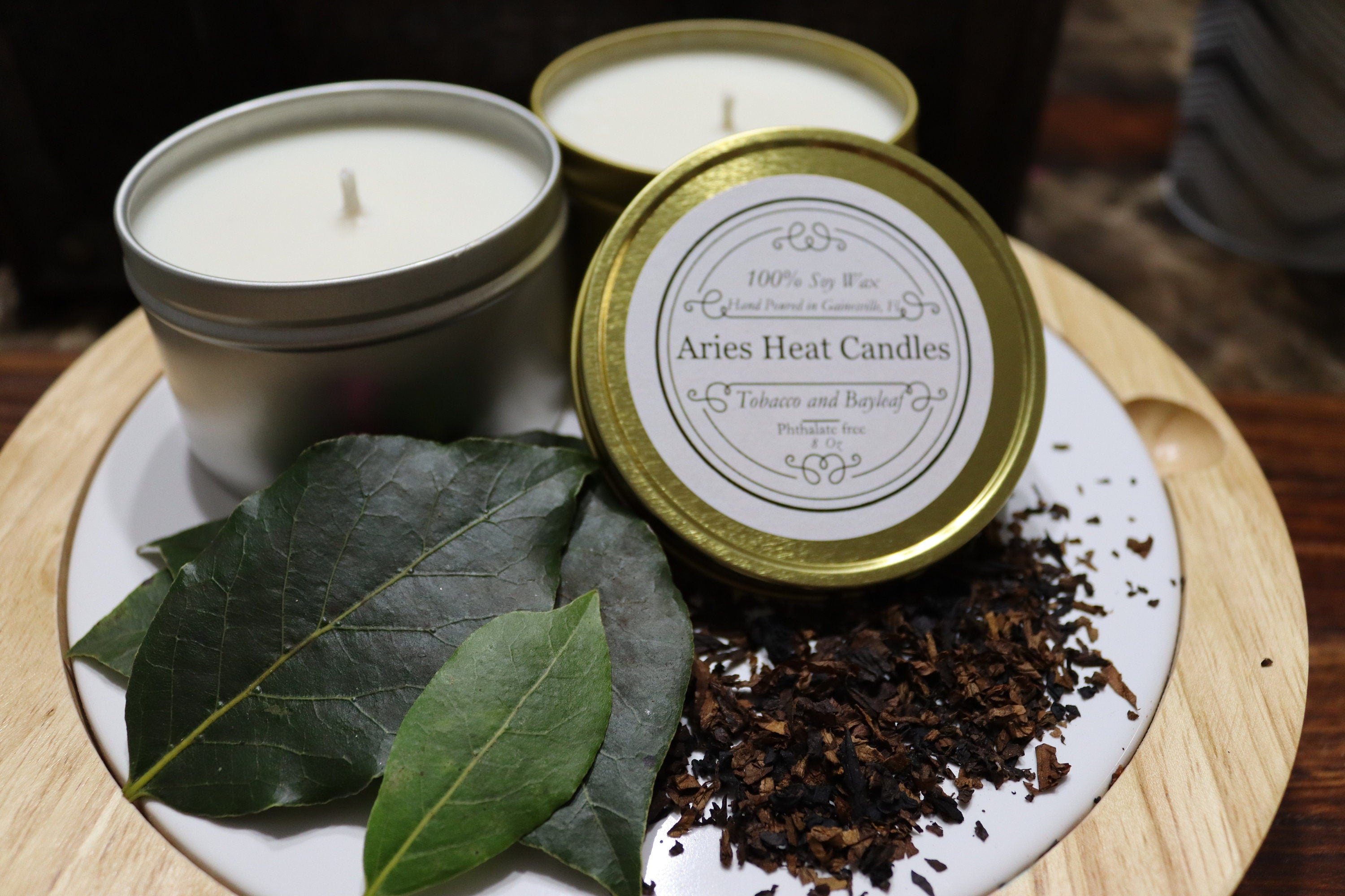 Tobacco and Bayleaf Soy Wax Scented 8oz Candle Silver or Gold Travel Tin