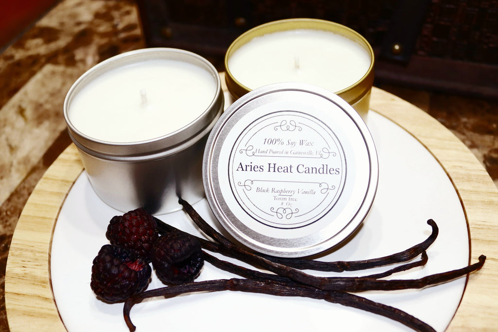 Black Raspberry Vanilla Soy Wax Scented 8oz Candle Silver or Gold Travel Tin