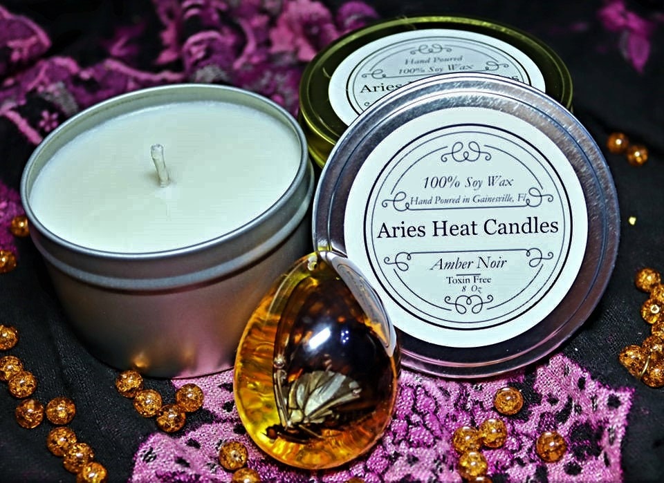 Amber Noir Soy Wax Scented 8oz Candle Silver or Gold Travel Tin