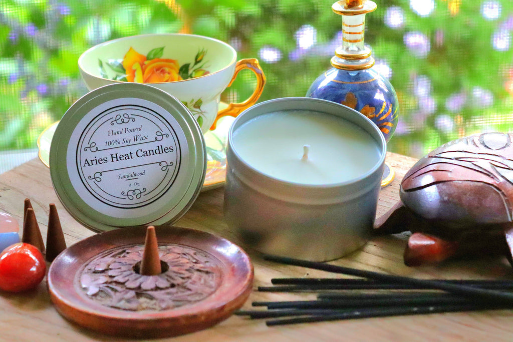 Sandalwood Soy scented 8oz Candle in Silver or Gold Travel Tin